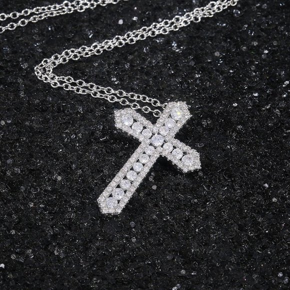 NEW Silver Round Diamond Holy Cross Necklace - Picture 4 of 8